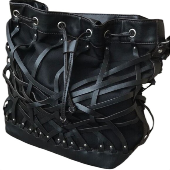 Etienne Aigner Black Vegan Leather Basket Weave Drawstring Hobo Bag - Picture 2 of 9